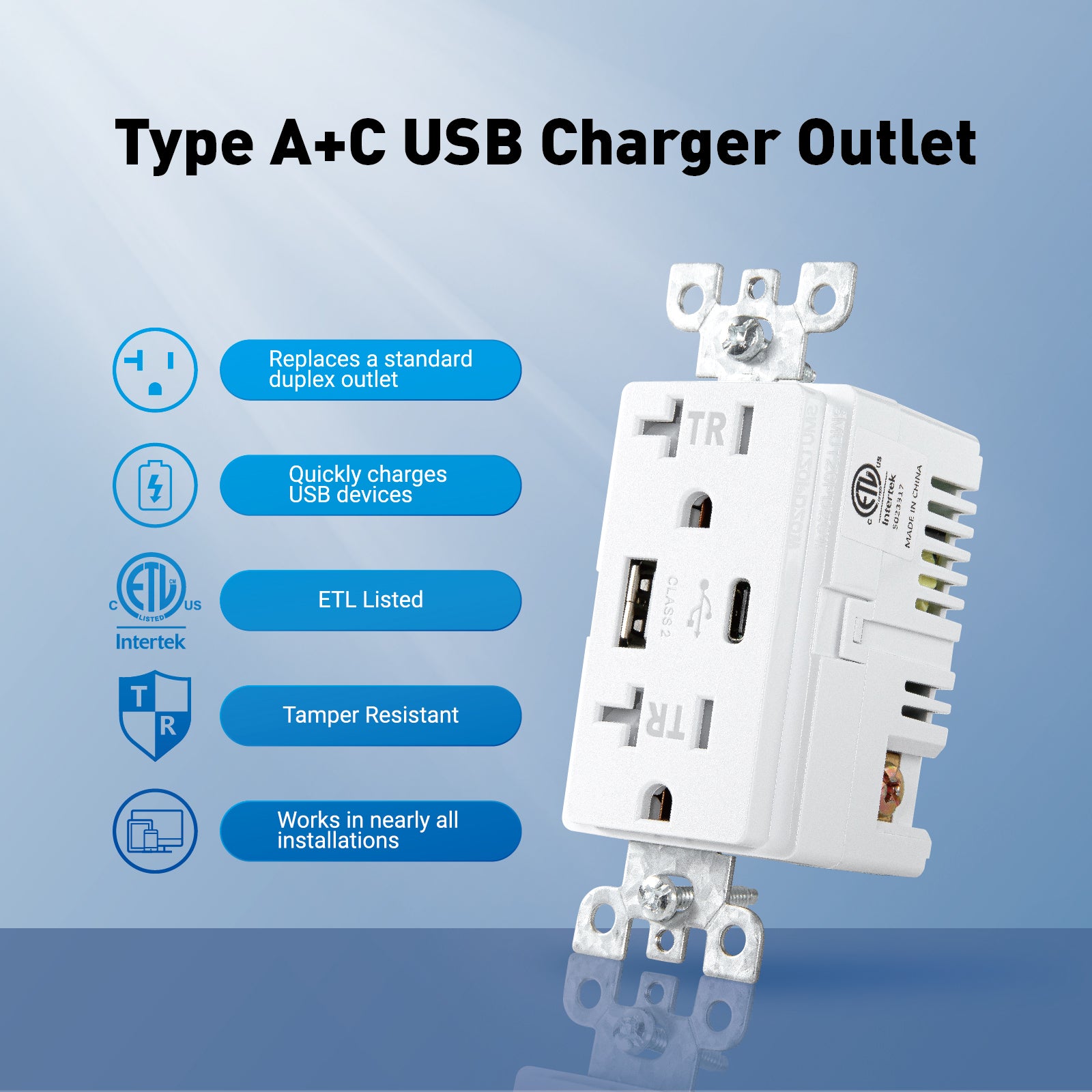 USB & Type C Smart outlet  15A 125V TR 3.6A 5V DC